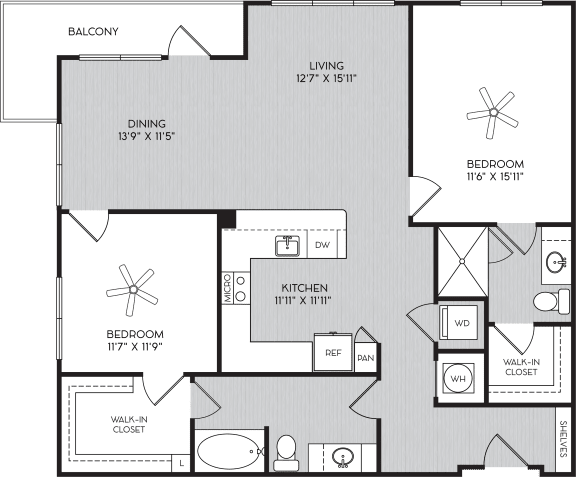 Floor Plan  B2c Two Bedroom Floor Plan with Corner Balcony at Apartments in Vinings