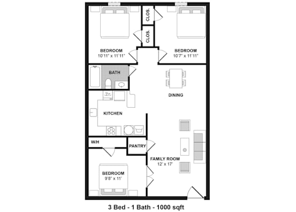 Floor Plan  3 Bed 1 Bath Garden