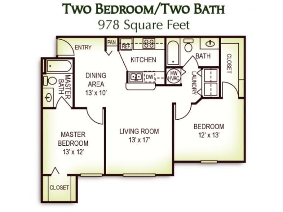 Floor Plan  2 Bedroom 2 Bath Floor Plan, 978 Square Feet