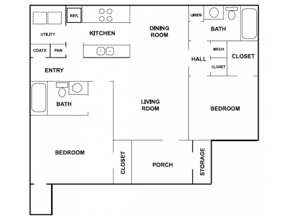Floor Plan  2 Bedroom 2 Bathroom Floorplan at Arbours at Ensley Apartments, Pensacola, Florida