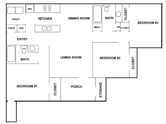 Floor Plan  3 Bedroom 2 Bathroom Floorplan at Arbours at Ensley Apartments, Pensacola