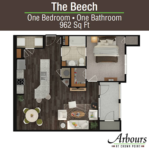 Floor Plan  1 bed 1 bath The Beech Floor Plan at Arbours at Crown Point, Ocoee, Florida