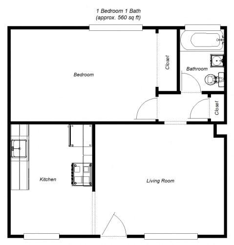 Floor Plan  1 Bedroom floor plan for 30 Willow Street Apartments