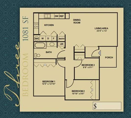 Floor Plan  three bedroom 1081 square feet floor plan