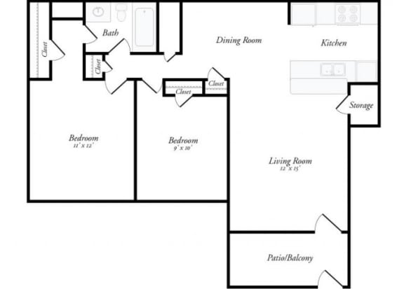Floor Plan  M - 2 Bed / 1 Bath