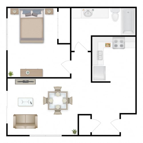 Floor Plan  A floor plan of a one bedroom apartment at The Lakes Apartments, Moses Lake, WA 98837