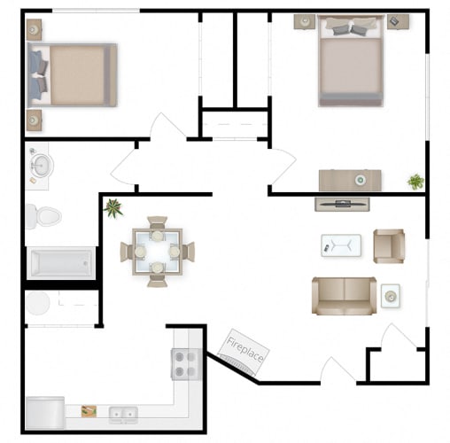 Floor Plan  A floor plan of a 2 bed 1 bath in Moses Lake.at The Lakes Apartments, Moses Lake, 98837