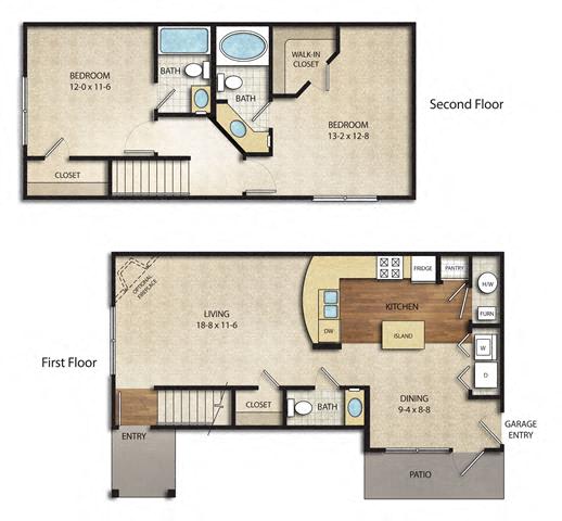 Floor Plan  2 Bed 2.5 Bath Belmont Townhome | Sq. Ft.: 1,155 at The Farms Apartments, Columbus, 43221