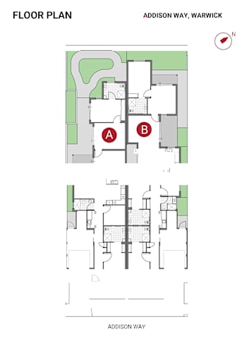 Floor Plan  A floor plan for a building at Addison Way, Warwick shows two floors with rooms labeled A and B.