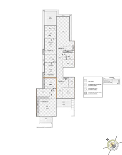 Floor Plan  A floor plan of a building with a compass rose in the corner.