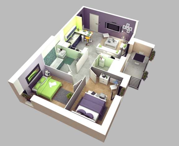 Floor Plan  A 3D rendered image of a modern apartment layout.