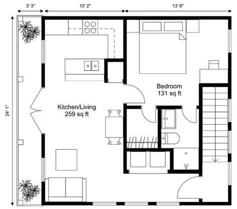 Floor Plan  A floor plan of a house with a kitchen/living area and a bedroom.