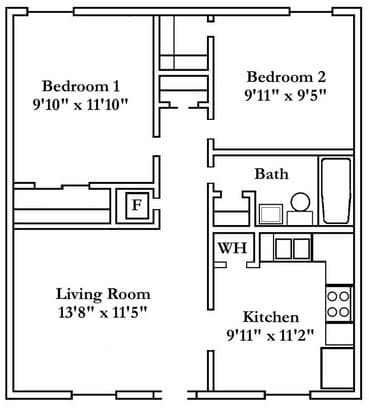Floor Plan  A floor plan of a small apartment with two bedrooms, a living room, a kitchen, and a bathroom.