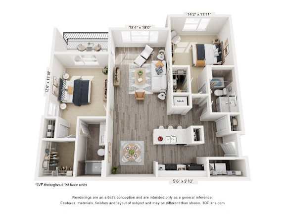 Floor Plan  A 3D floor plan of a small apartment with a kitchen, living room, and bedroom.