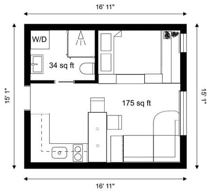 Floor Plan  A floor plan of a room with a width of 16'11" and a length of 15'1".