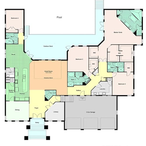 Floor Plan  The image shows a detailed floor plan of a house with labeled rooms and features such as a pool, garage, and various bedrooms.