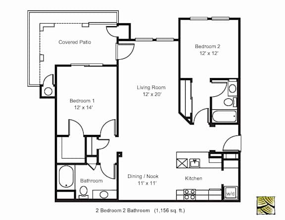 Floor Plan  A floor plan of a two-bedroom apartment with a living room, kitchen, bathroom, and covered patio.