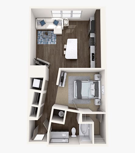 Floor Plan  A top down view of a small apartment with a bed, a couch, a chair, a table, and a kitchenette.