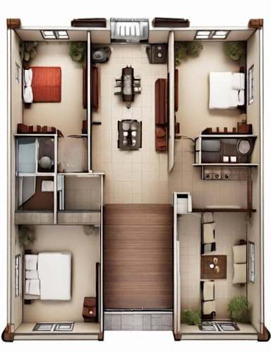Floor Plan  A 3D floor plan of a small apartment with a kitchen, living room, and bathroom.