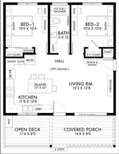 Floor Plan  A black and white floor plan of a house with two bedrooms, a living room, a kitchen, a bath, a pantry, a hall, a covered porch, and an open deck.