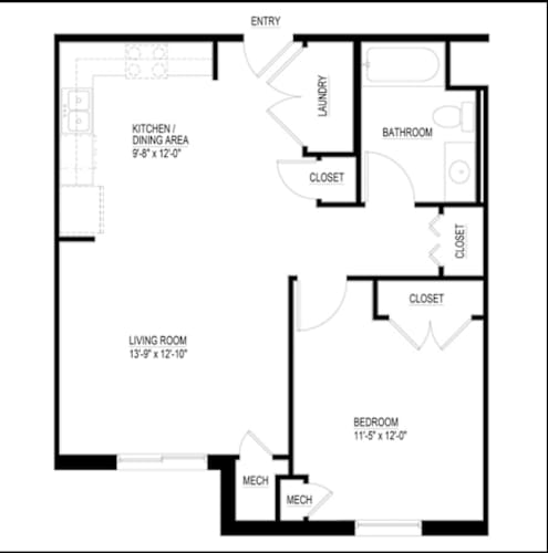Floor Plan  A black and white image of a floor plan for a home with an entry, kitchen/dining area, bathroom, closet, living room, bedroom, and two mechanical closets.
