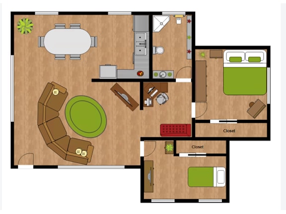 Floor Plan  A floor plan of a house with a kitchen, living room, and two bedrooms.