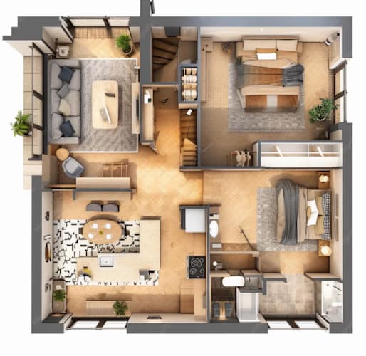 Floor Plan  A top-down view of a two-bedroom apartment with a living room, kitchen, and bathroom.