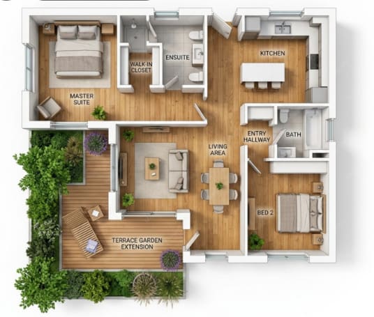 Floor Plan  A 3D floor plan of a house with a master suite, kitchen, living area, and terrace garden extension.