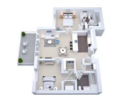 Floor Plan  A 3D floor plan of a house with a kitchen, living room, and two bedrooms.