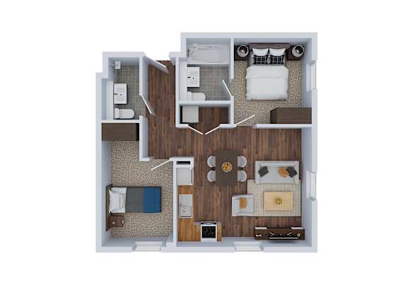 Floor Plan  A top-down view of a small apartment with a kitchen, living room, and bedroom.