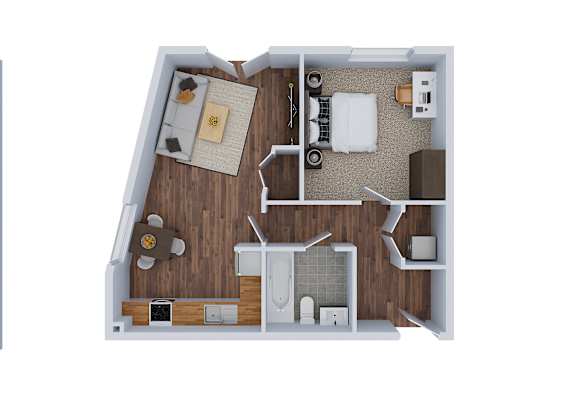 Floor Plan  A top down view of a small apartment with a kitchen, living room, and bathroom.