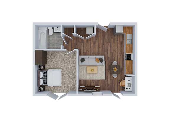 Floor Plan  A top down view of a small apartment with a bed, a couch, a table, and a kitchenette.