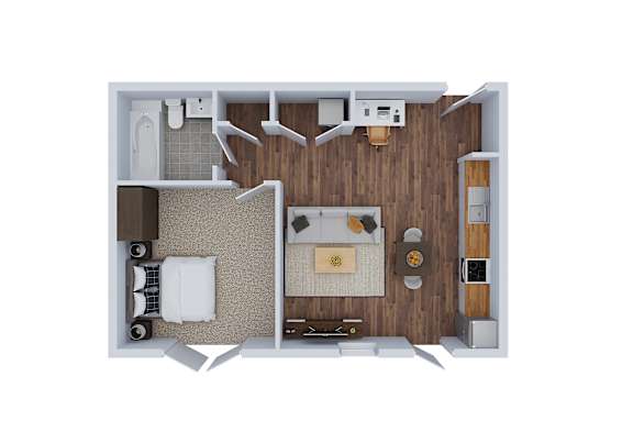 Floor Plan  A top down view of a small apartment with a bedroom, living room and kitchen.