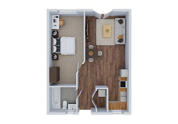Floor Plan  A top down view of a small apartment with a bed, a desk, a chair, and a kitchenette.