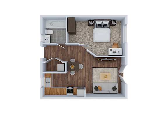 Floor Plan  A top down view of a small apartment with a kitchen, living room, and bathroom.