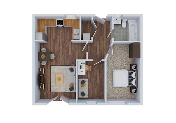 Floor Plan  A top down view of a room with a couch, a bed, a table, and a TV.