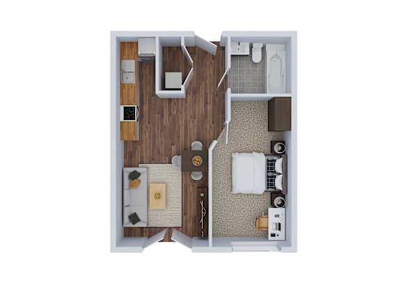 Floor Plan  A top-down view of a small apartment with a kitchen, living room, and bathroom.