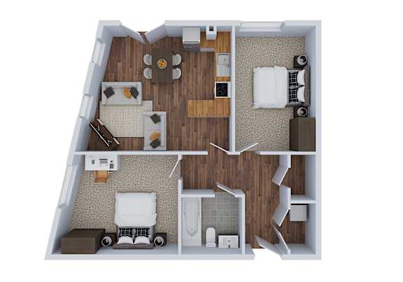 Floor Plan  A top down view of a small apartment with a kitchen, living room, and bedroom.