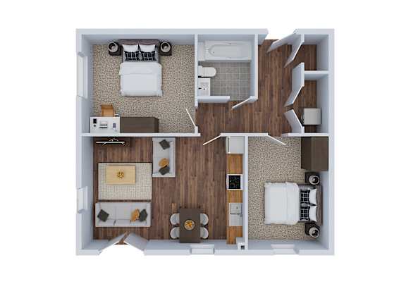 Floor Plan  A top-down view of a small apartment with a bed, desk, and kitchenette.