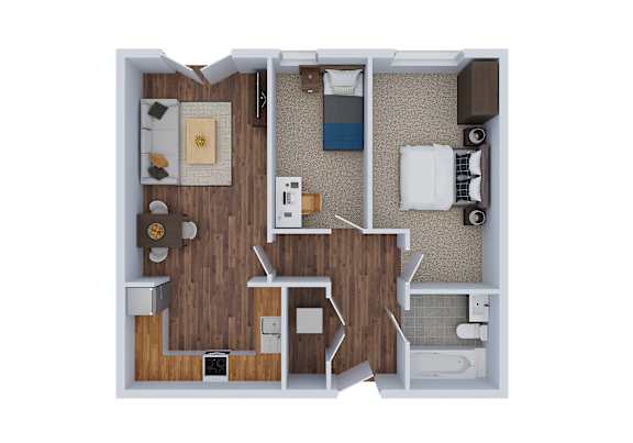 Floor Plan  A 3D floor plan of a small apartment with a kitchen, living room, and bathroom.