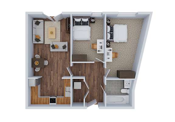 Floor Plan  A 3D floor plan of a small apartment with a bedroom, living room, and kitchen.