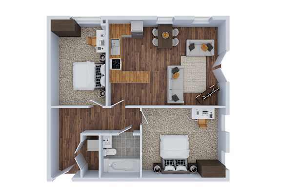 Floor Plan  A top down view of a small apartment with a kitchen, living room, and bathroom.