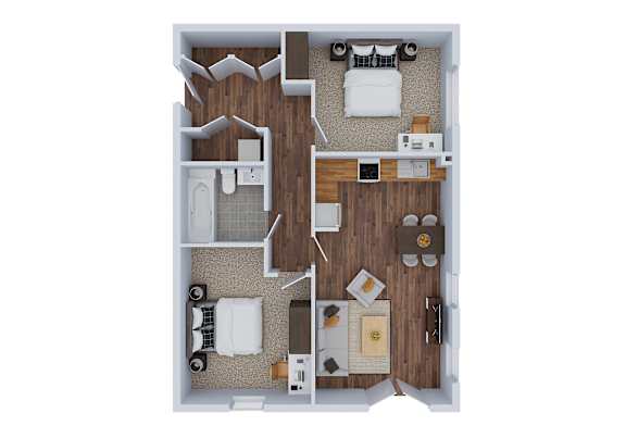 Floor Plan  A top down view of a small apartment with a kitchen, living room, and bathroom.