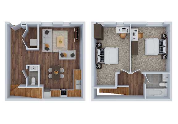 Floor Plan  Two images of a dollhouse interior with furniture and decor.