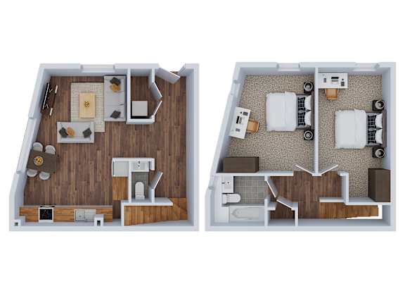 Floor Plan  A floor plan of a small apartment with two bedrooms and a living area.