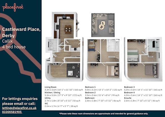 Floor Plan  A floor plan dimensions for a 4 bedroom house with a downstairs WC, family bathroom, and a top floor ensuite at Castleward Place in Derby.