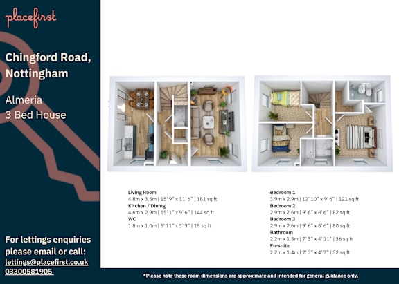 Floor Plan  A real estate listing for a 3 bedroom house in Nottingham with images of the interior and room dimensions.