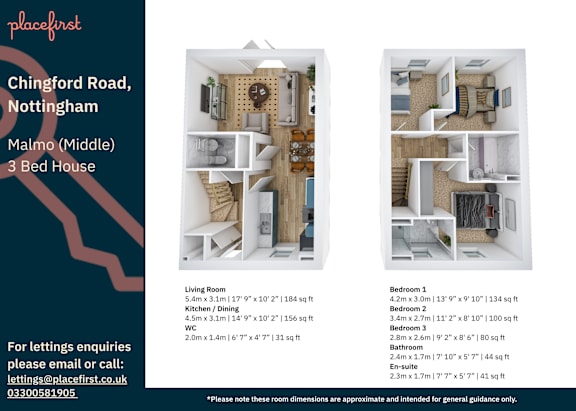 Floor Plan  A flyer for a property rental in Nottingham showing the floor plans and dimensions of a 3 bedroom house.