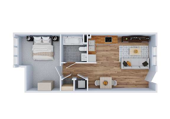 Floor Plan  A top-down view of a small apartment with a kitchen, dining area, and living room.