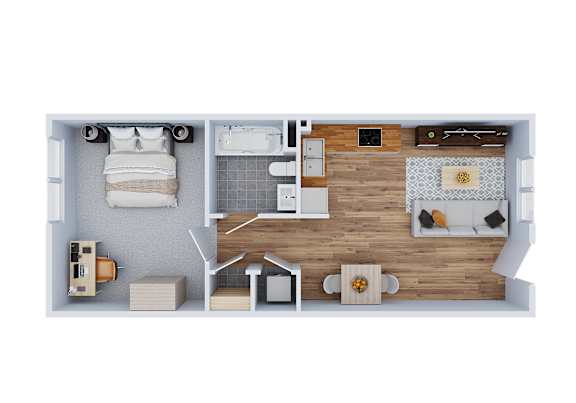 Floor Plan  A top-down view of a small apartment with a kitchen, living room, and bathroom.